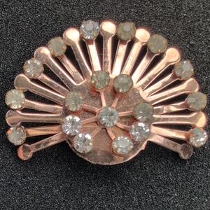 Vintage Art Deco Style Brooch Pin Copper Vermeil  with Clear Rhinestones